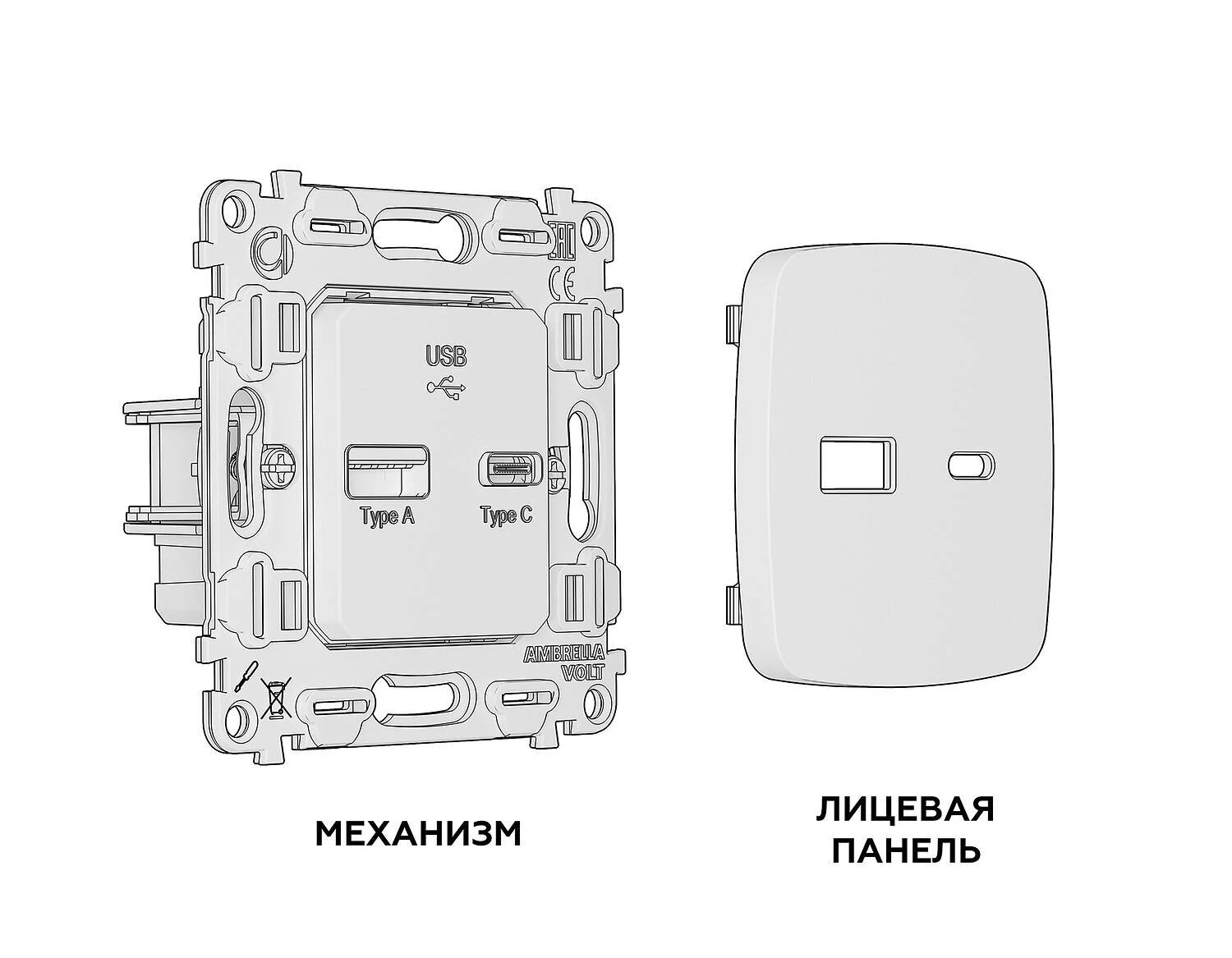 Комплект механизма розетки OMEGA Антрацит серый 2USB A+C 20W (быстрая зарядка) QUANT (OP6610, VM177) (Ambrella Volt, MO661010) - Amppa.ru